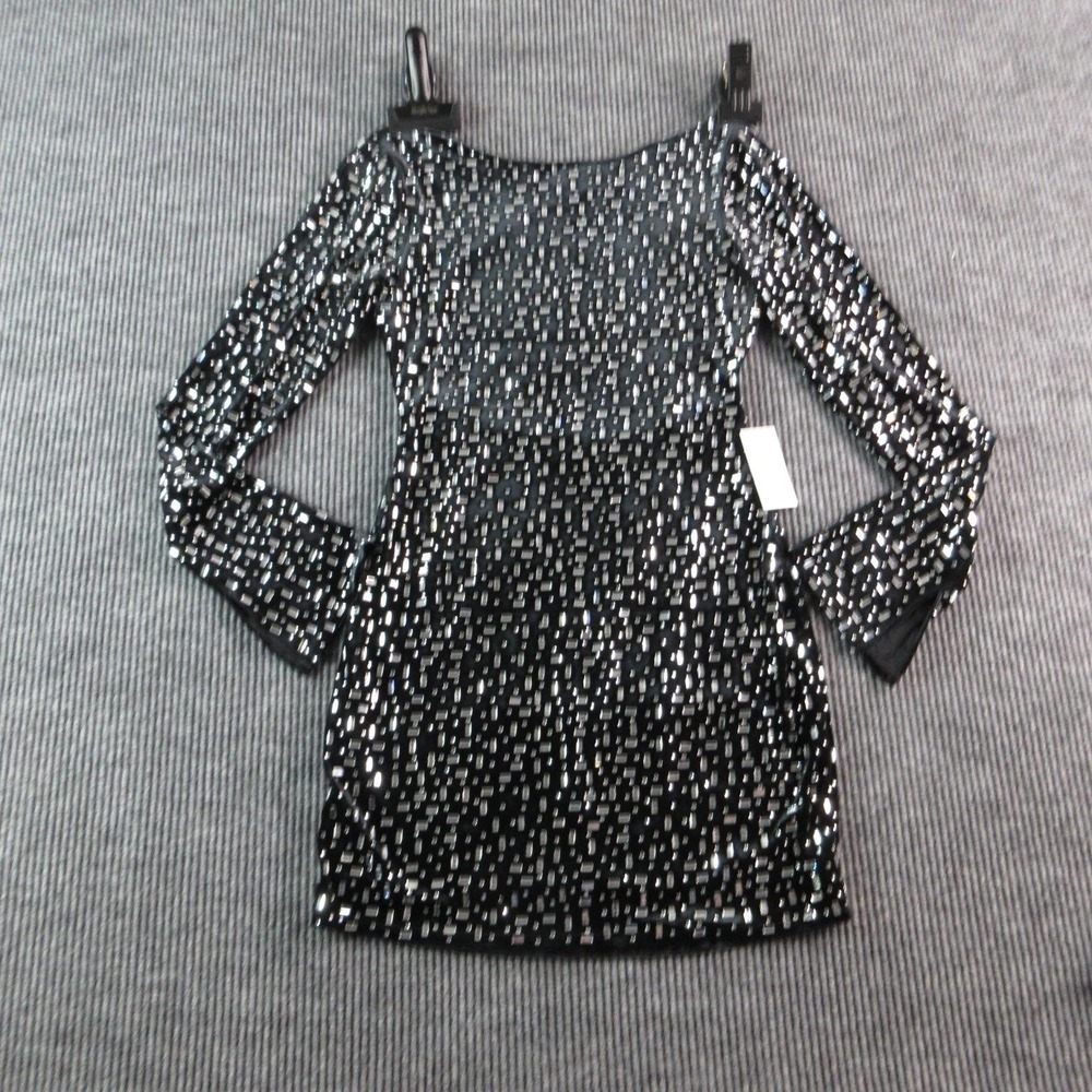 BDARLIN Dress Womens 11/12 Black Crystals Bodycon Mini Boat Neck Bell Sleeve NWT